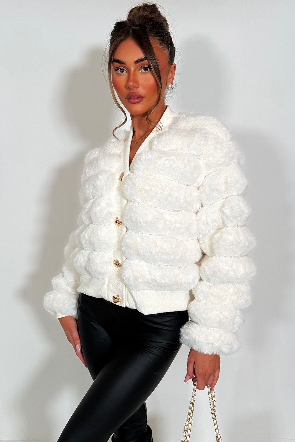 womens long sleeve fur cardigan with gold buttons