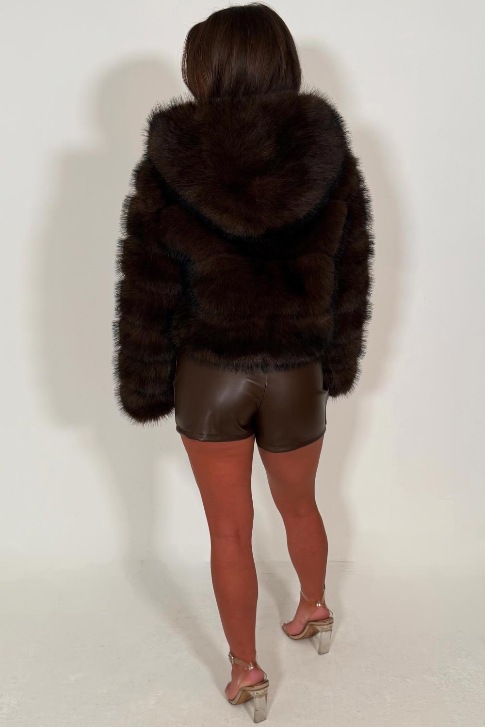 faux fur bubble jacket with hood brown for womens