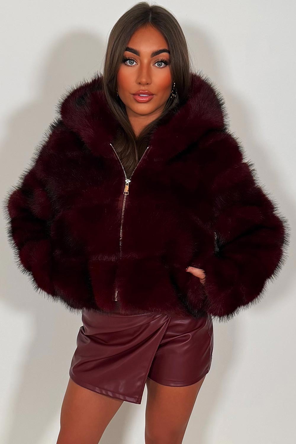 fur jacket with hood burgundy styledup womens zara uk