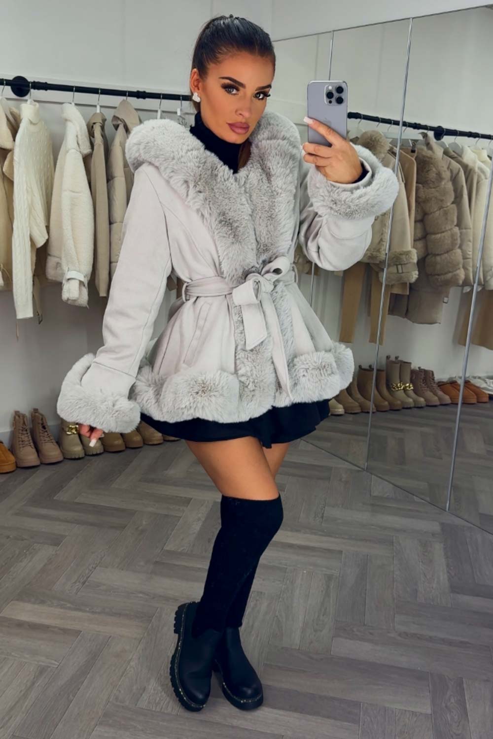 womens fur hood suede coat with hood and belt