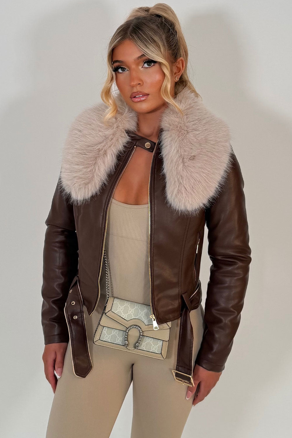 faux leather faux fur collar jacket styledup uk