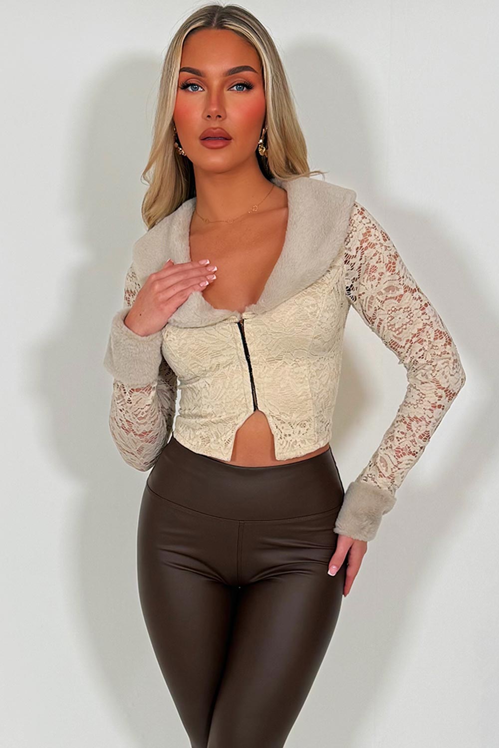 faux fur cuff and collar long sleeve lace top with plunging neckline styledup