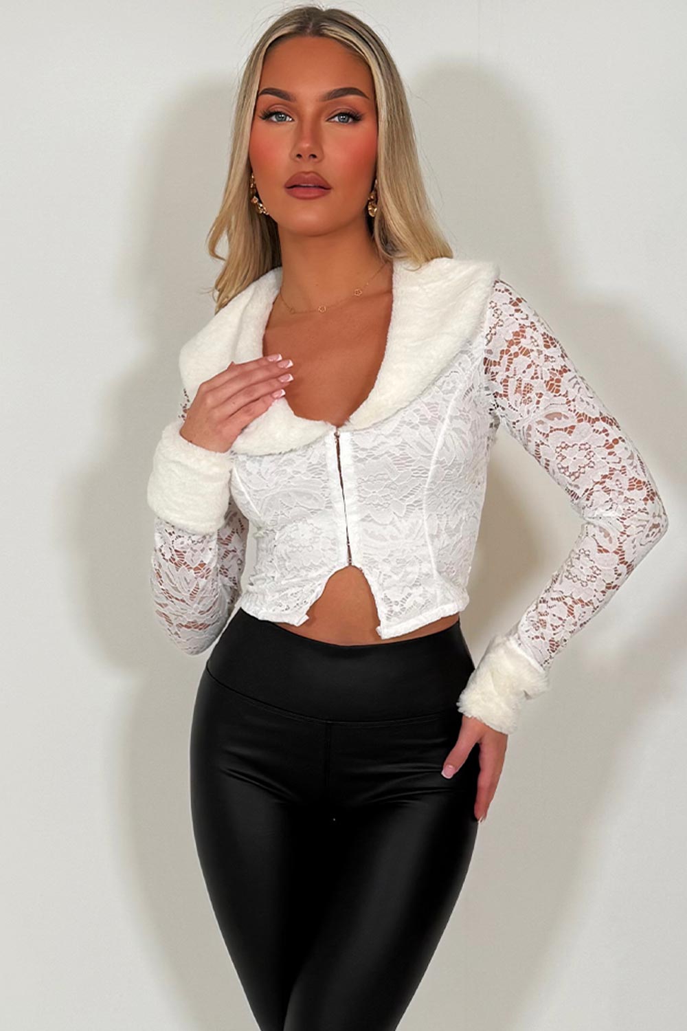 long sleeve lace top with faux fur collar and cuff styledup