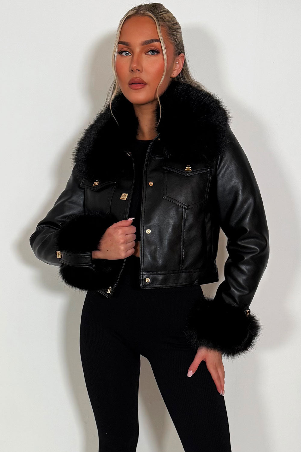 gold button faux leather bomber jacket with faux fur cuff and faux fur collar styled up womens outerwear