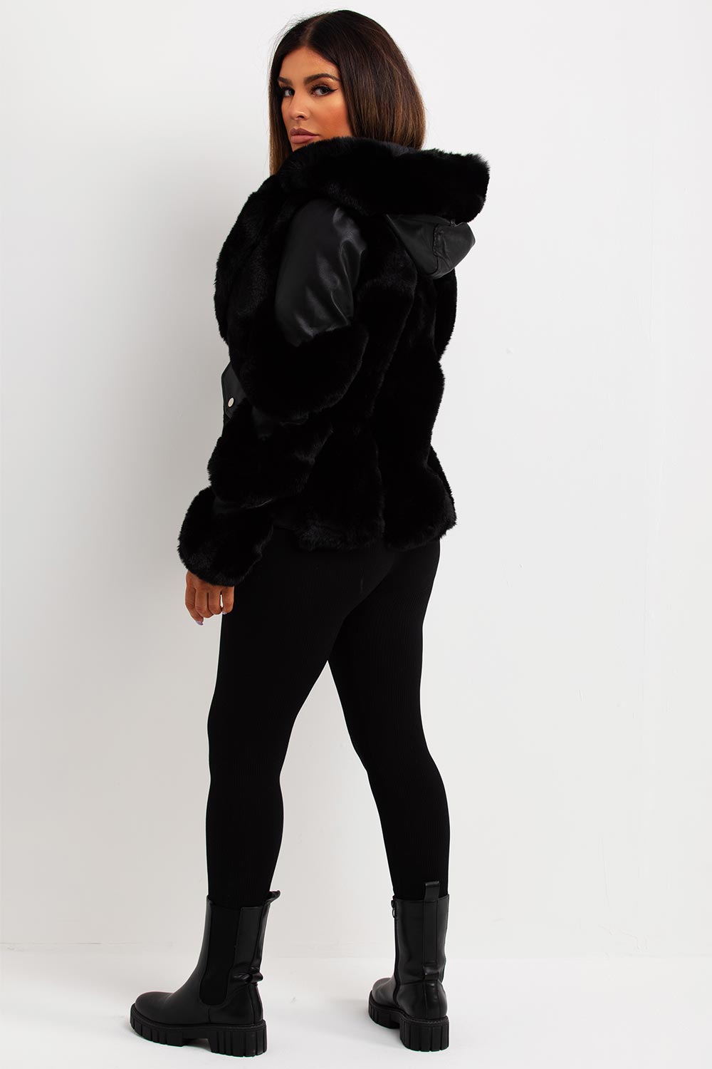 womens faux fur faux leather aviator jacket sale uk