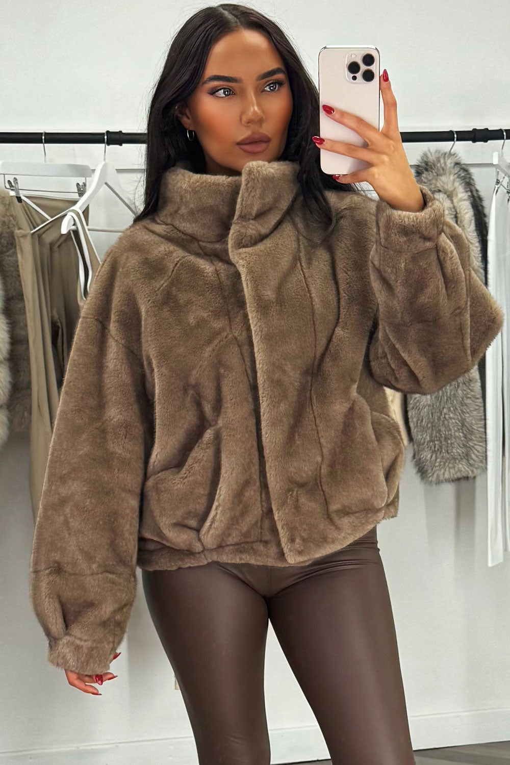 faux fur jacket with funnel neck zara womens