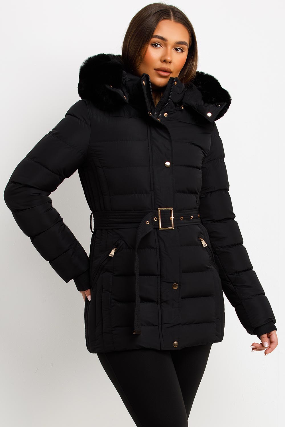 puffer padded coat with fur hood and belt
