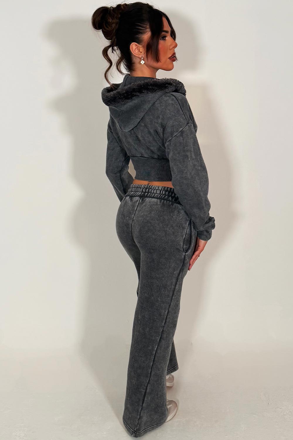 womens fur crop corset hoodie and joggers two piece loungewear co ord set styledup fashion airport outfit