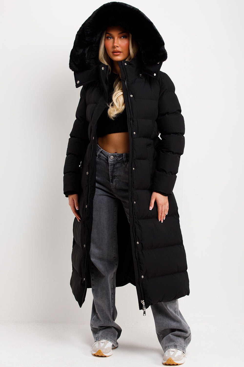womens black puffer padded long coat with fur hood and belt styledup