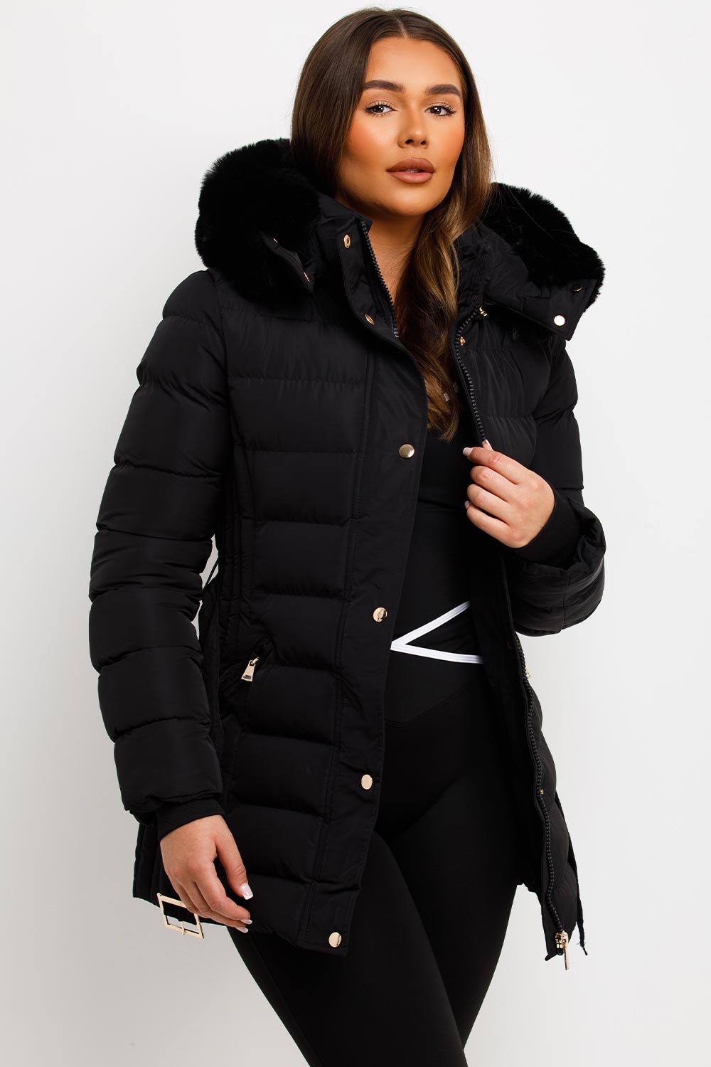 womens thick padded puffer winter coat with fur hood zara womens uk
