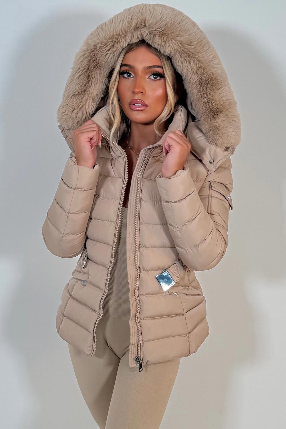 womens faux fur hooded padded puffer jacket with belt styledup uk
