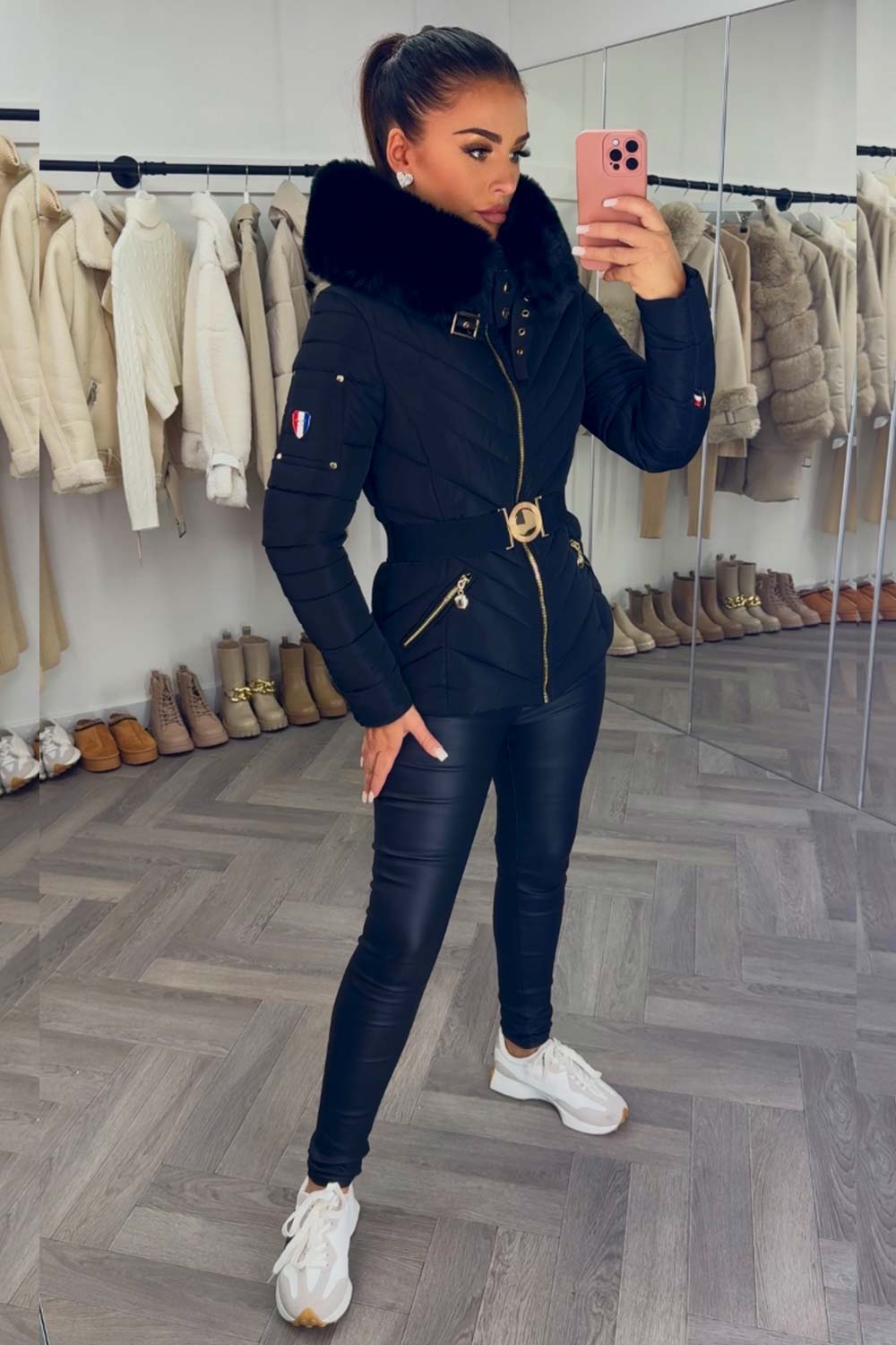 womens black puffer jacket with belt