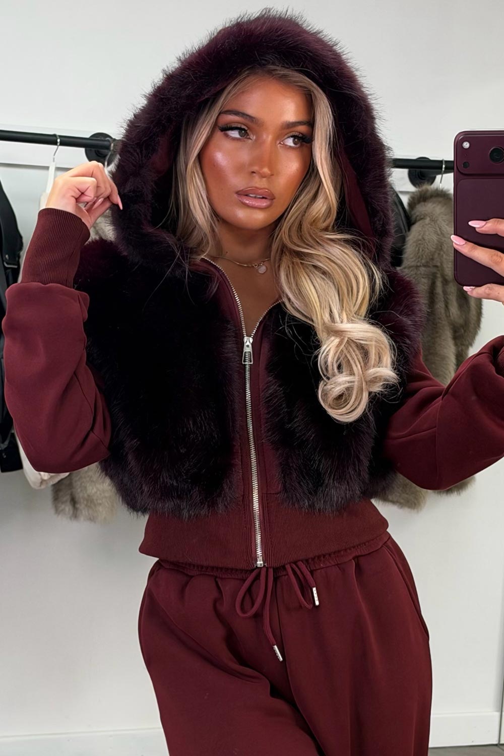 womens faux fur hoodie and joggers two piece co ord set styledup uk