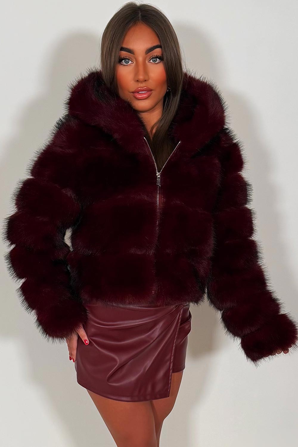 faux fur coat burgundy zara womens uk