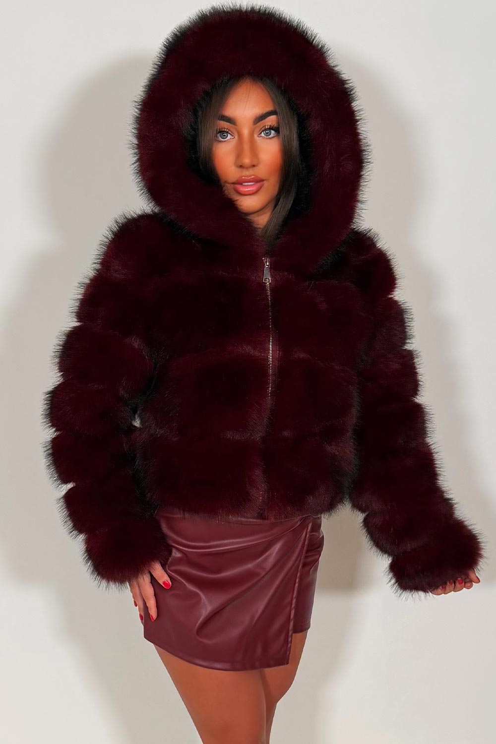 faux fur bubble jacket with hood burgundy for womens