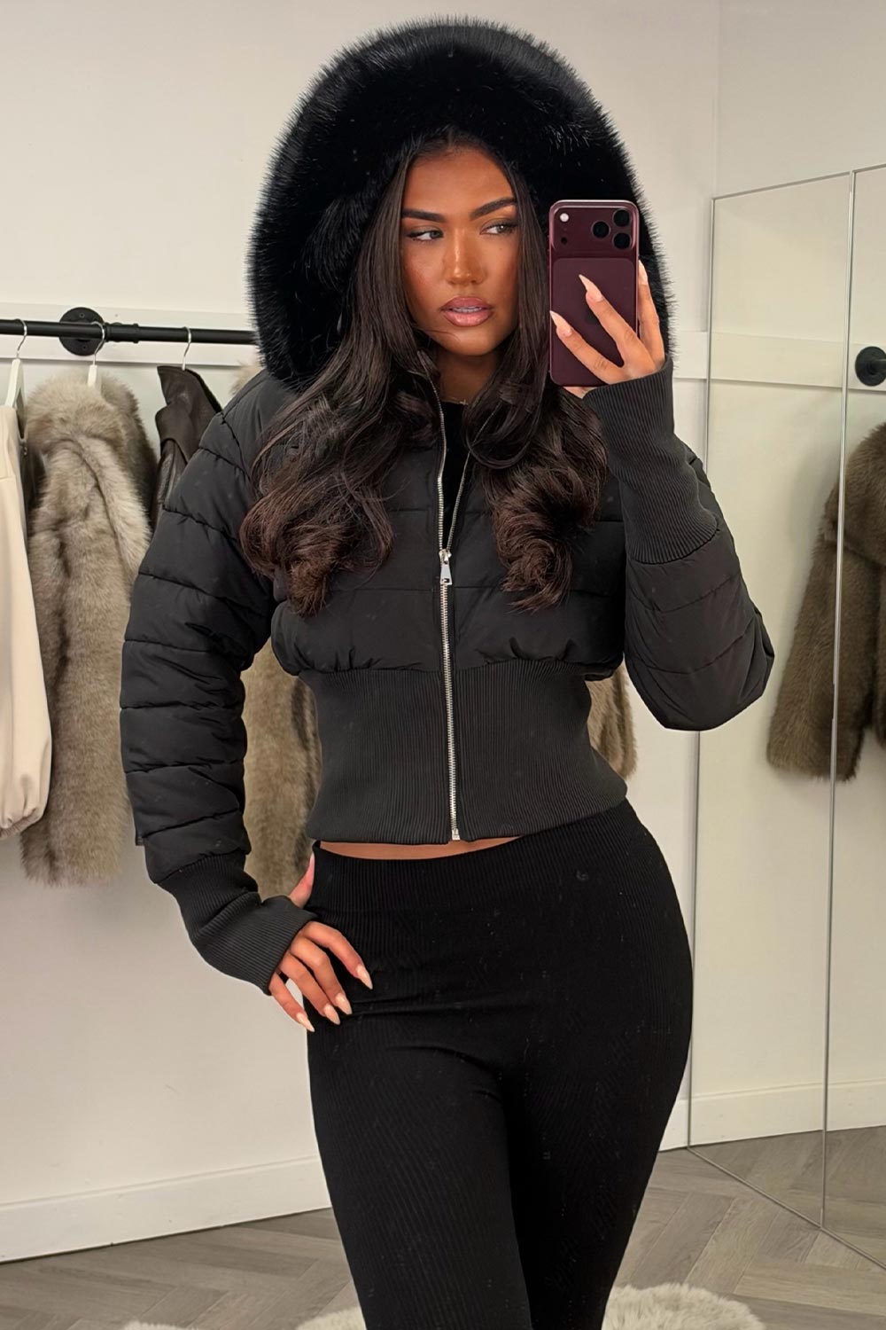 womens padded puffer ski jacket with fur hood black styledup uk