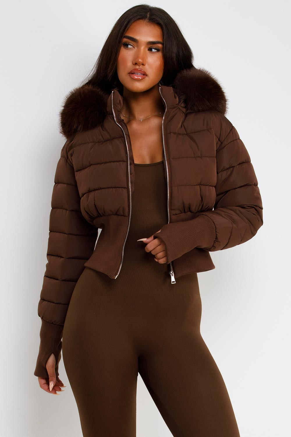 faux fur hood padded puffer jacket with cinched waist womens winter ski outerwear styledup uk