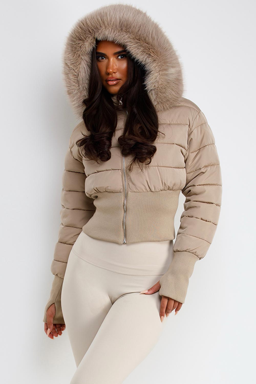 faux fur hood padded puffer winter jacket beige styledup uk