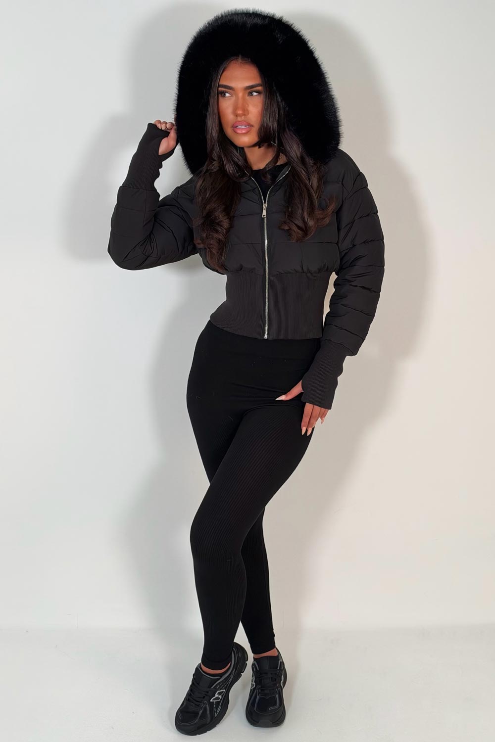 faux fur hood padded puffer jacket with cinched waist womens winter ski outerwear styledup uk