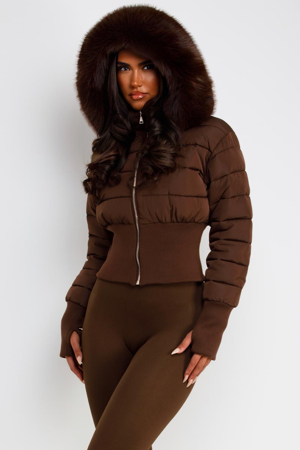 faux fur hood padded puffer winter jacket brown styledup uk