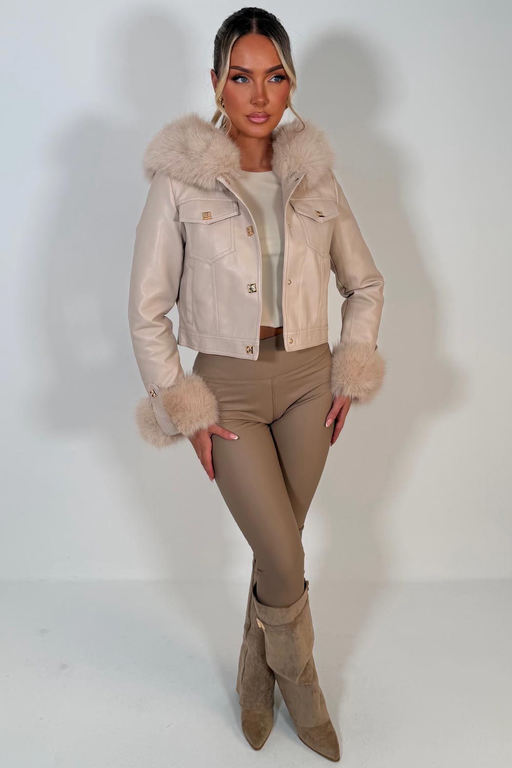 womens gold button faux fur hood faux leather jacket with faux fur cuff styledup uk