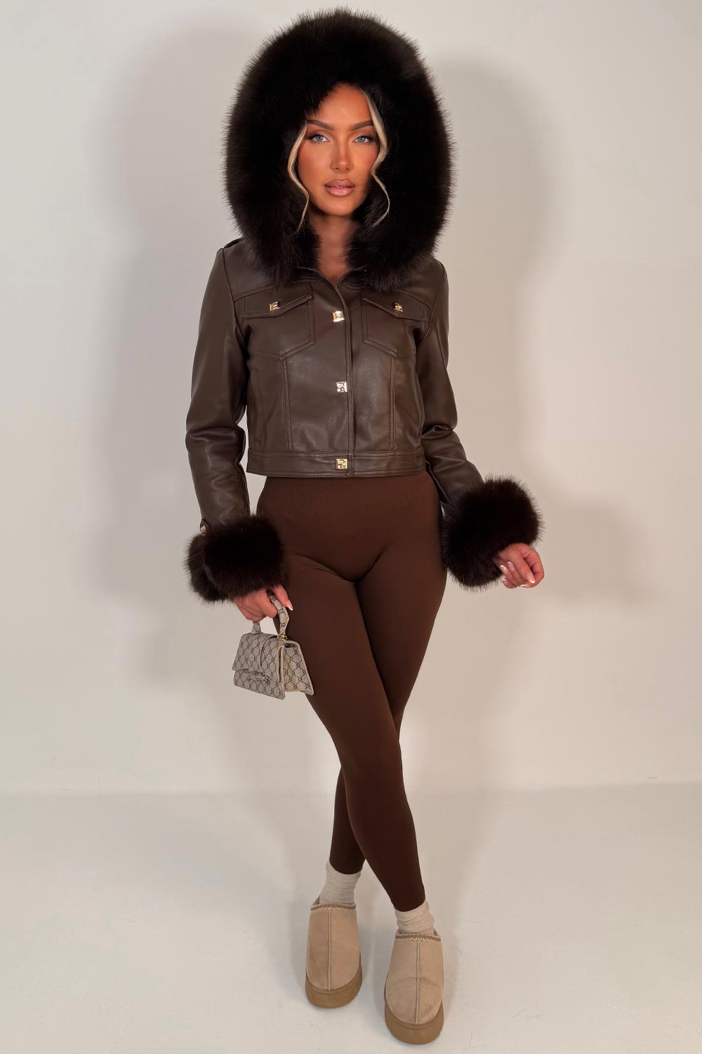 womens gold button faux fur hood faux leather jacket with faux fur cuff styledup uk