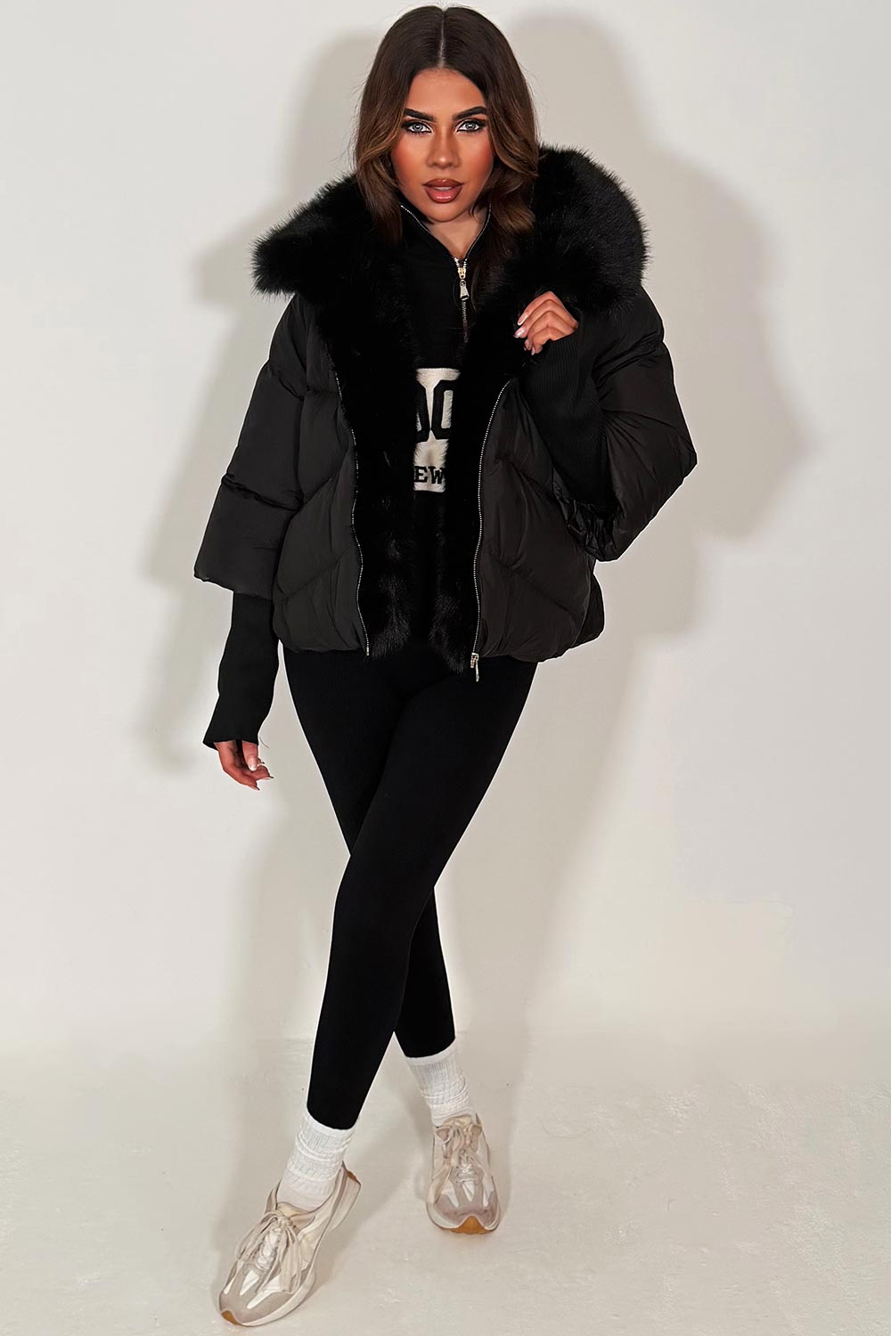 faux fur hood puffer jacket with faux fur trim on the front brown styledup womens outerwear