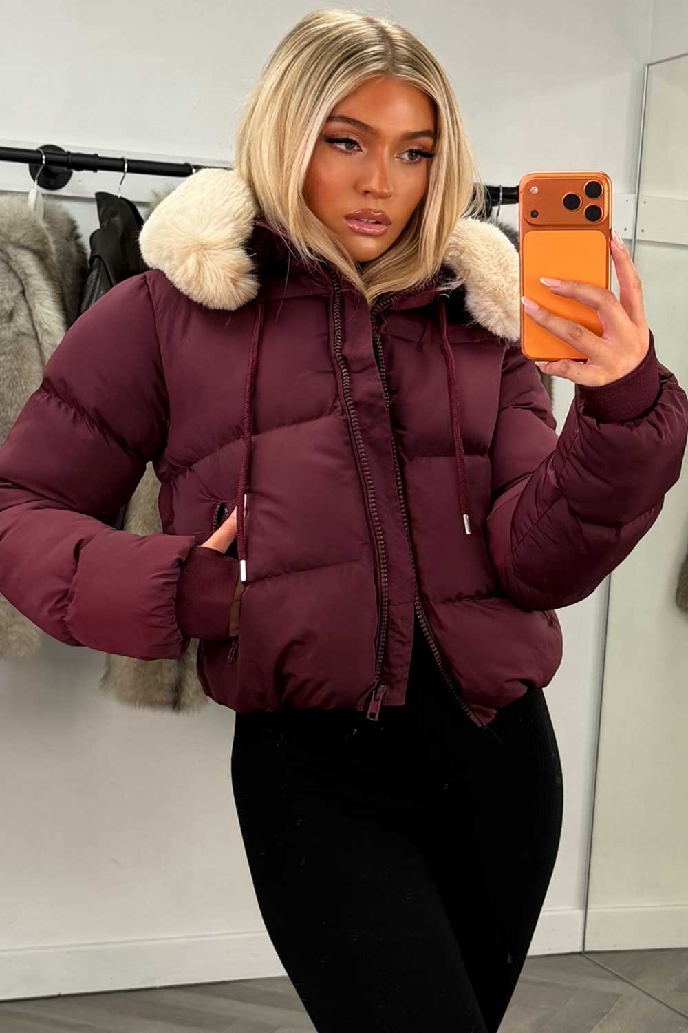 puffer jacket with fur hood zara womens