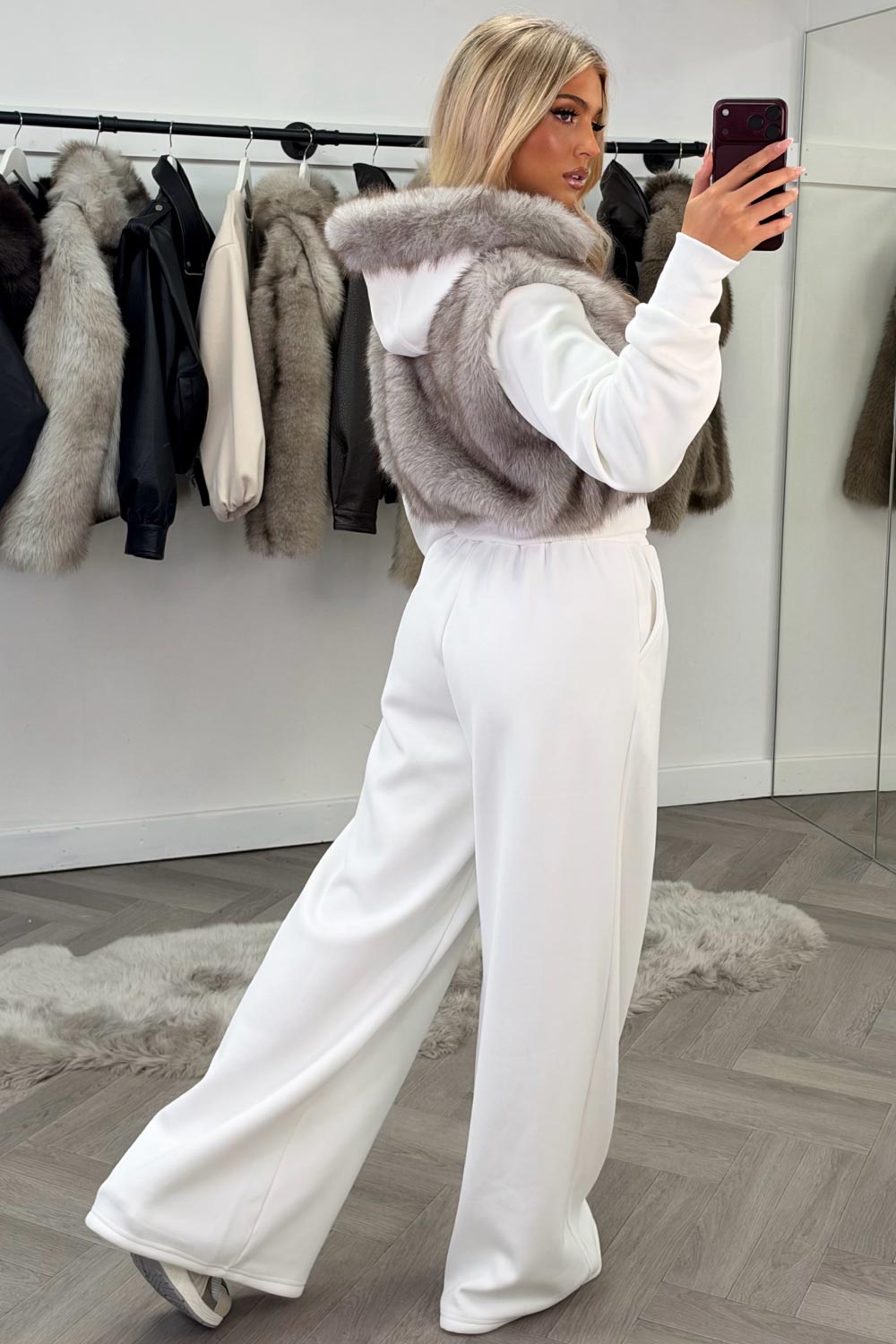womens faux fur hoodie and wide leg joggers two piece co ord set cream styledup uk