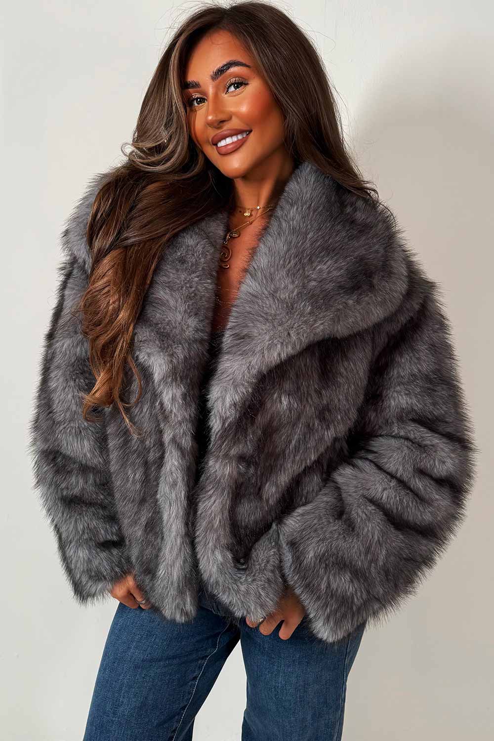 womens faux fur collared jacket grey styledup