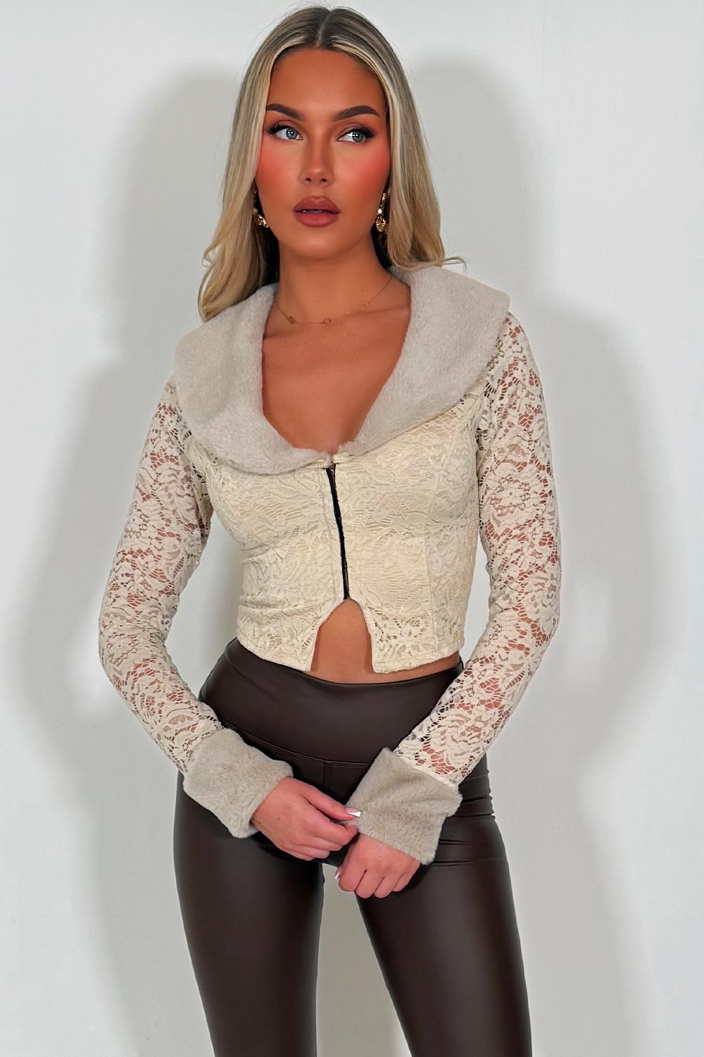 long sleeve lace top with fur cuff and collar styledup