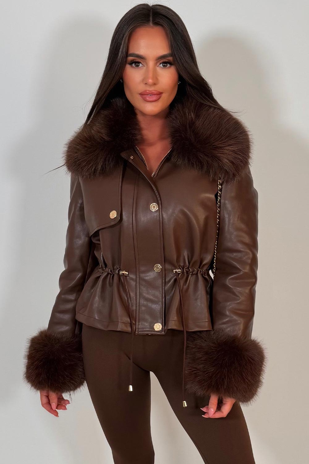 leather effect faux fur collar and cuff winter jacket with adjustable waist womens trendy outerwear styledup uk
