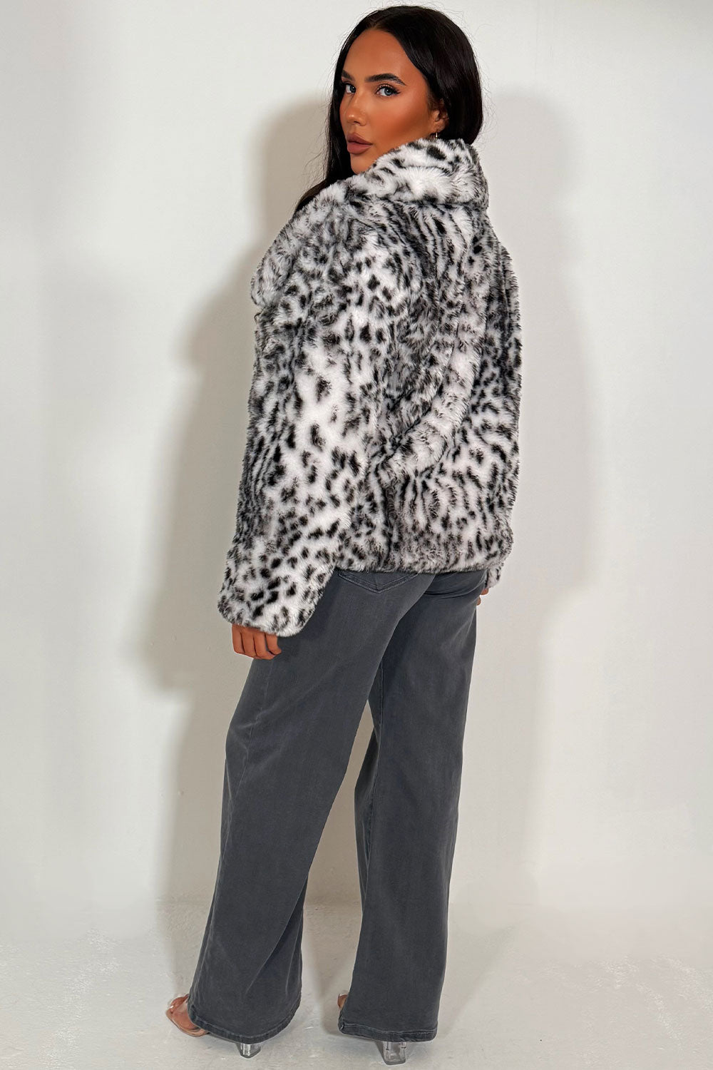 womens faux fur animal print jacket with collar styledup