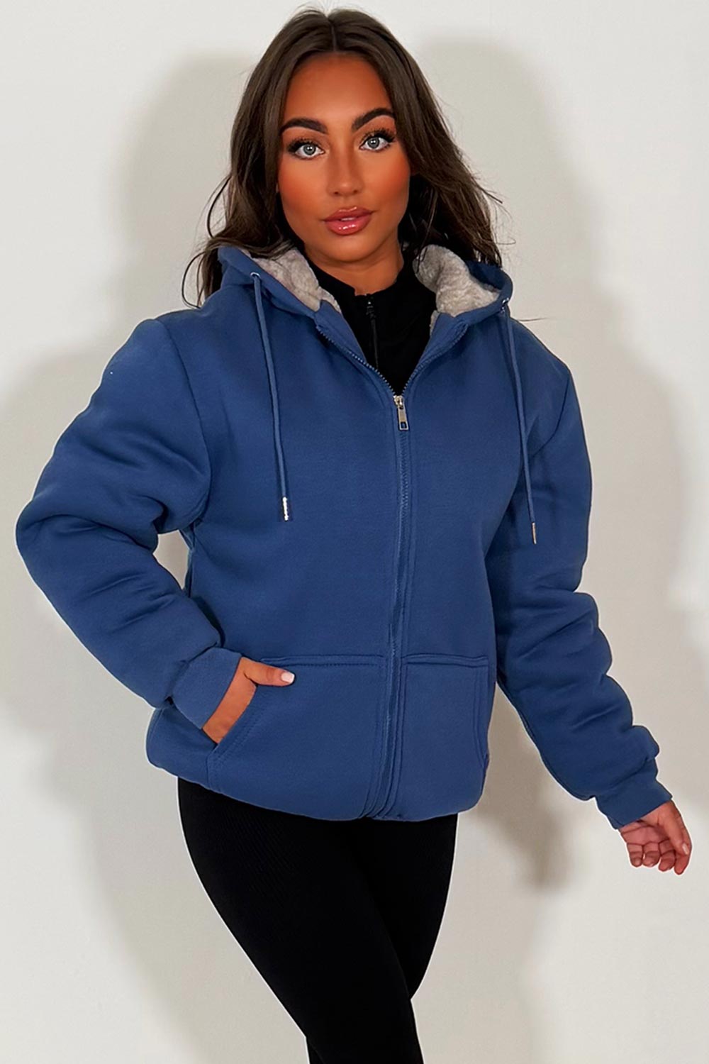 fur lined zip up hoodie for womens navy blue styledup