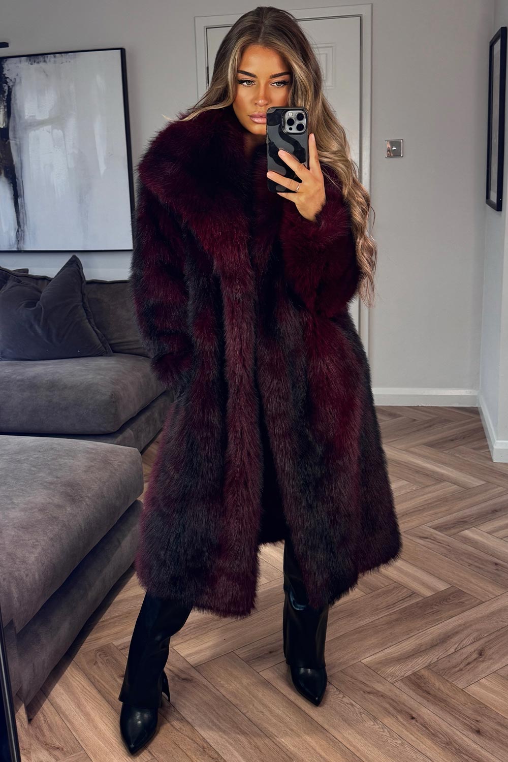 womens burgundy fur coat with collars styledup