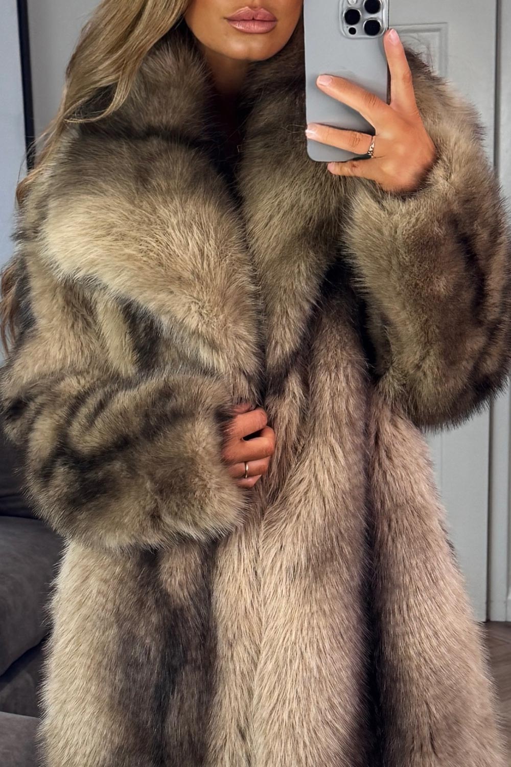 taupe colour way fur maxi coat with collar styledup uk