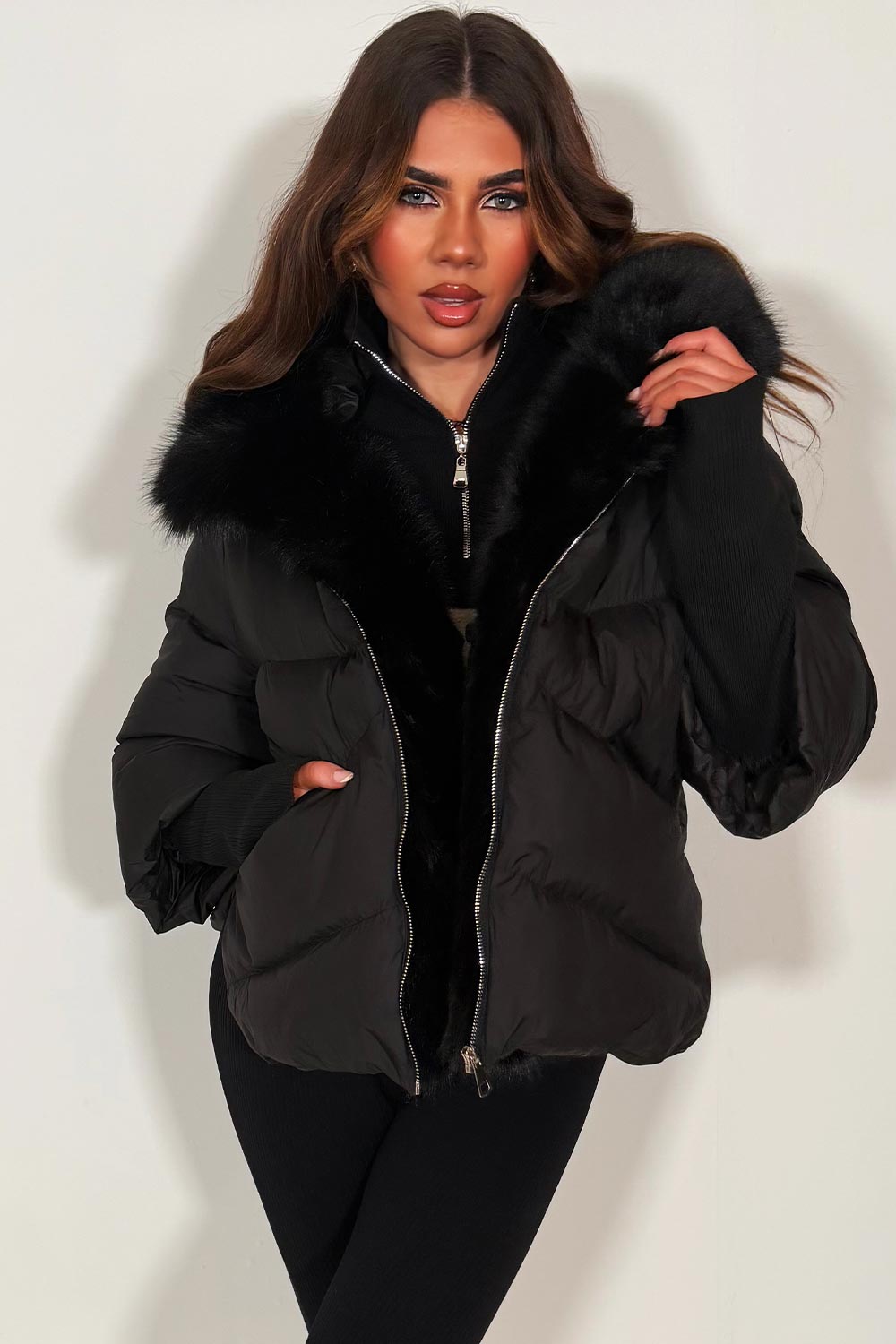faux fur hood padded puffer jacket with fur trim styledup