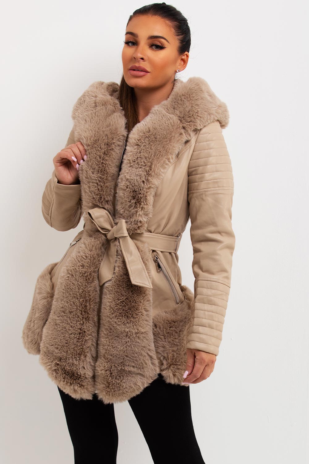 faux leather jacket with fur panels