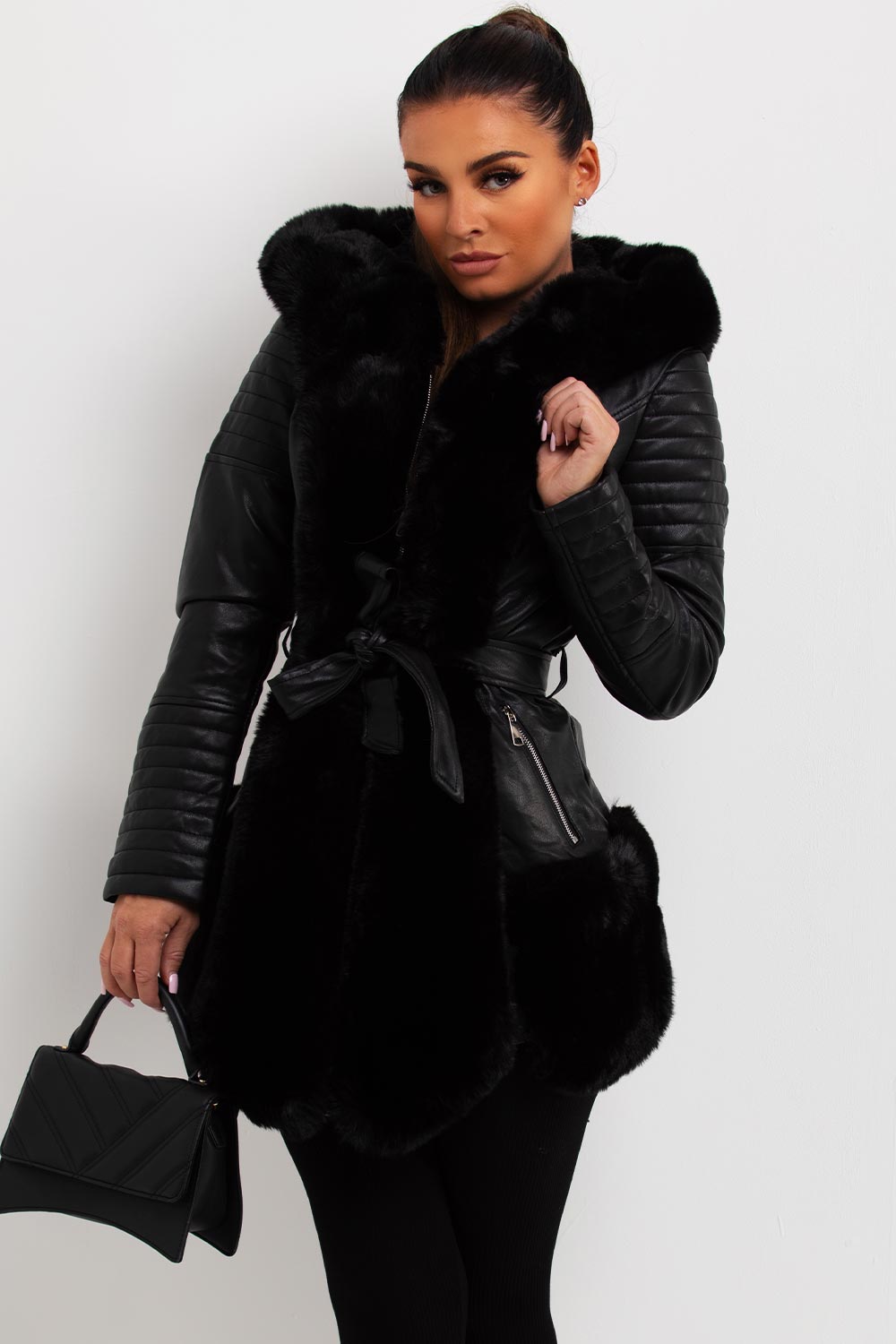 faux leather faux fur jacket with belt