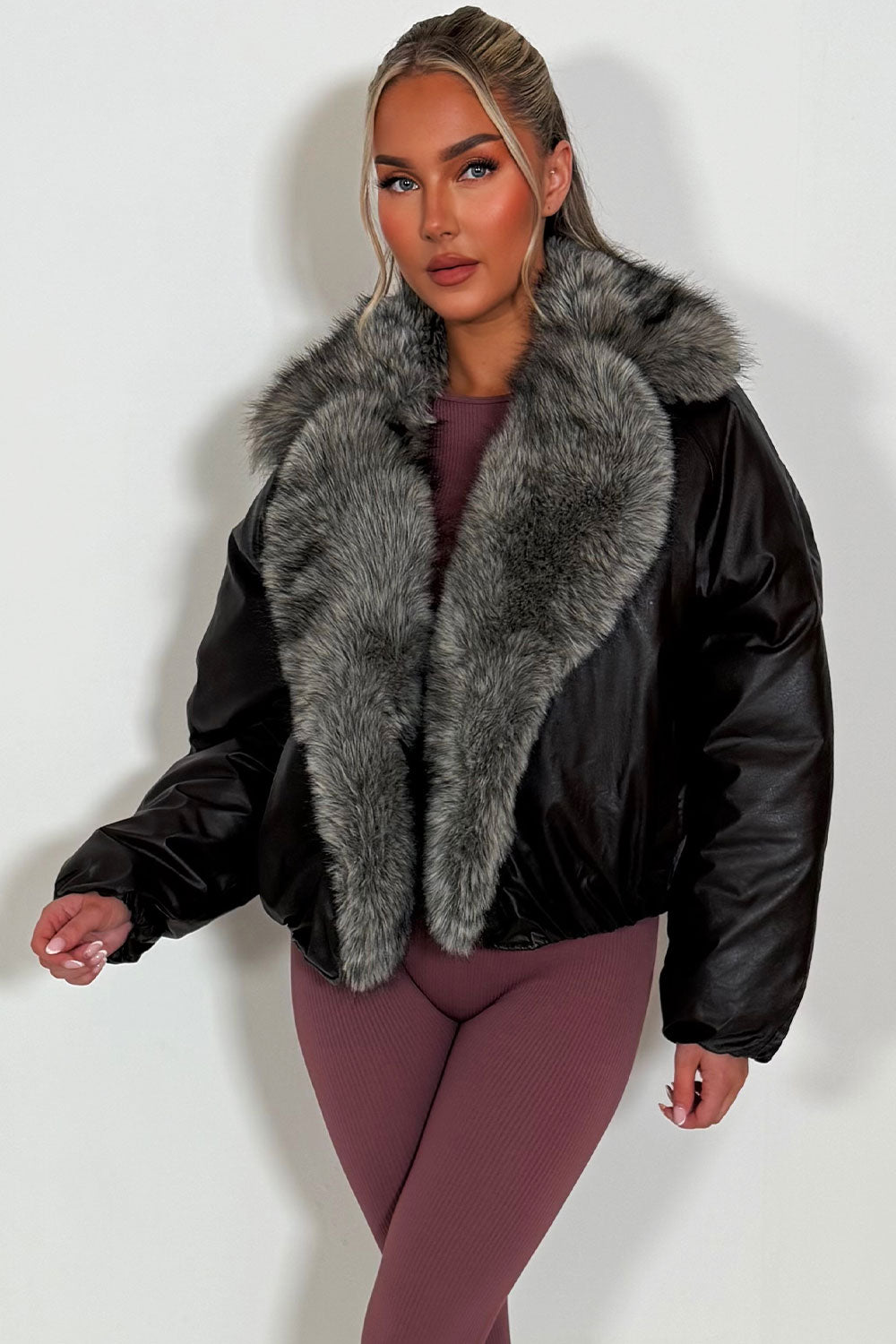 fur collar and trim bomber jacket for womens styledup