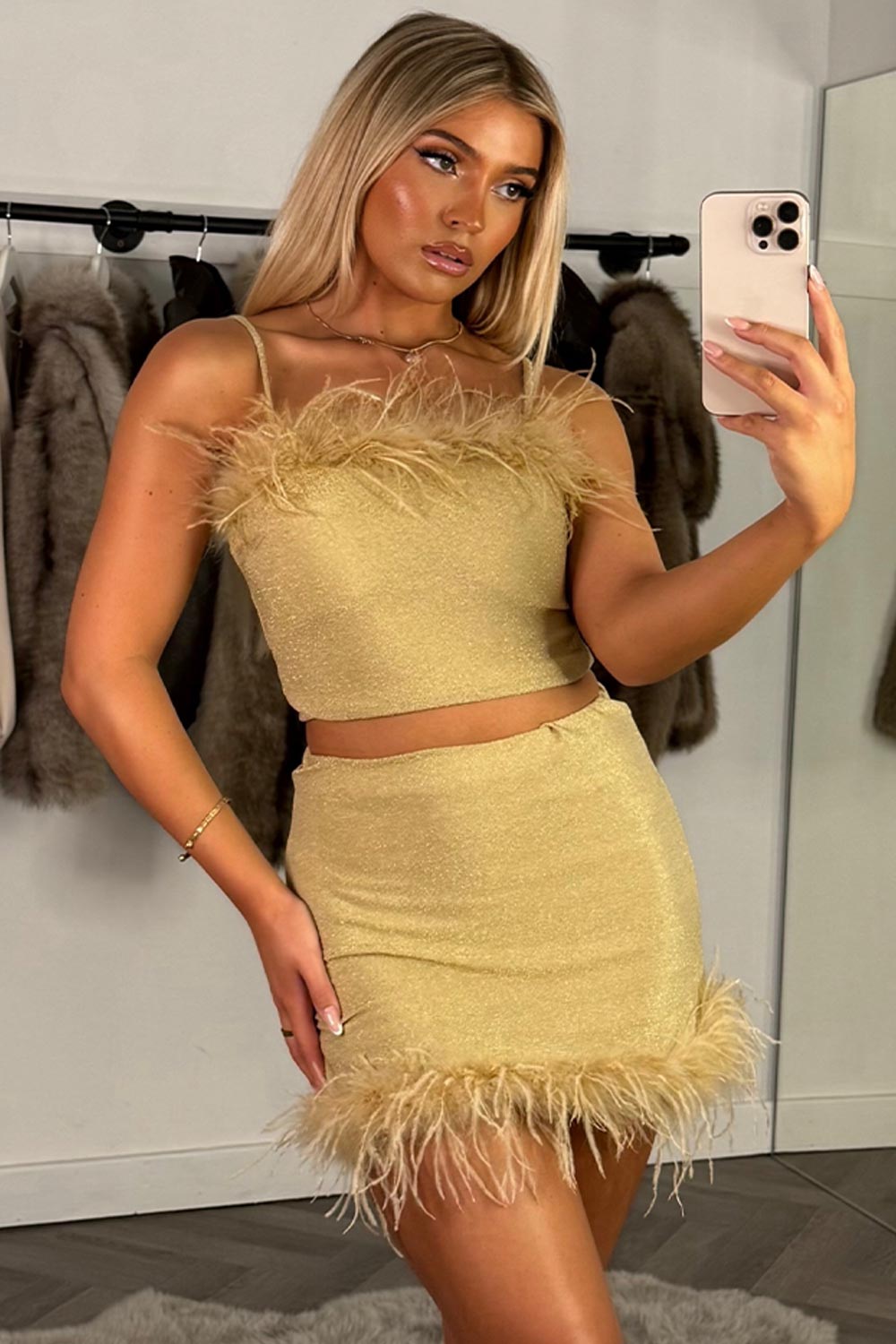 mini skirt with faux fur trim and crop top co ord set styledup uk