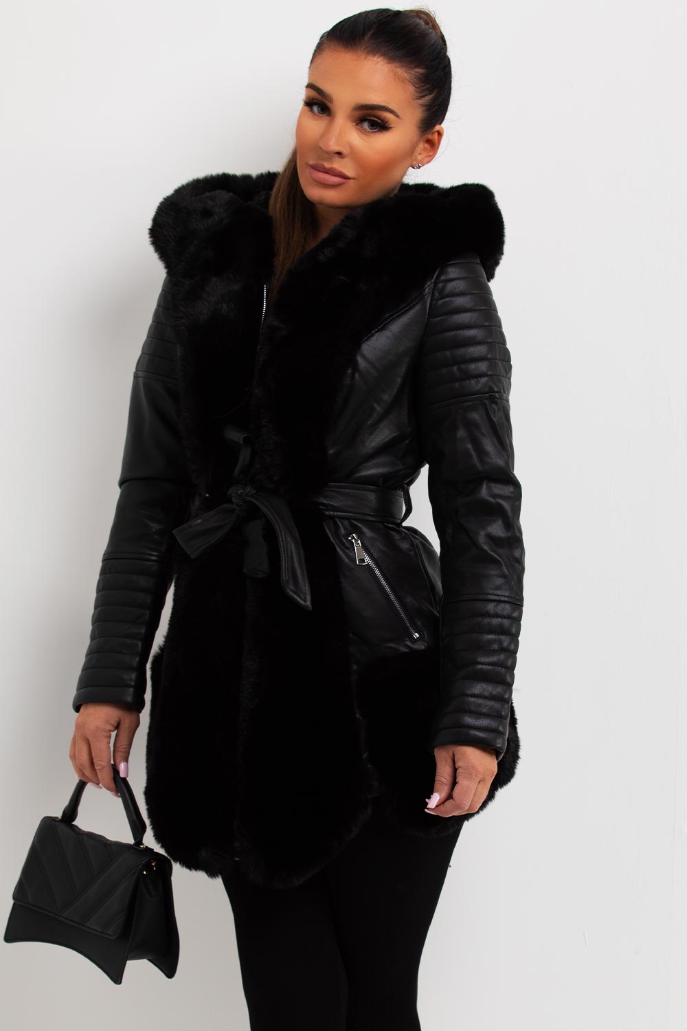 womens faux leather faux fur hooded jacket black