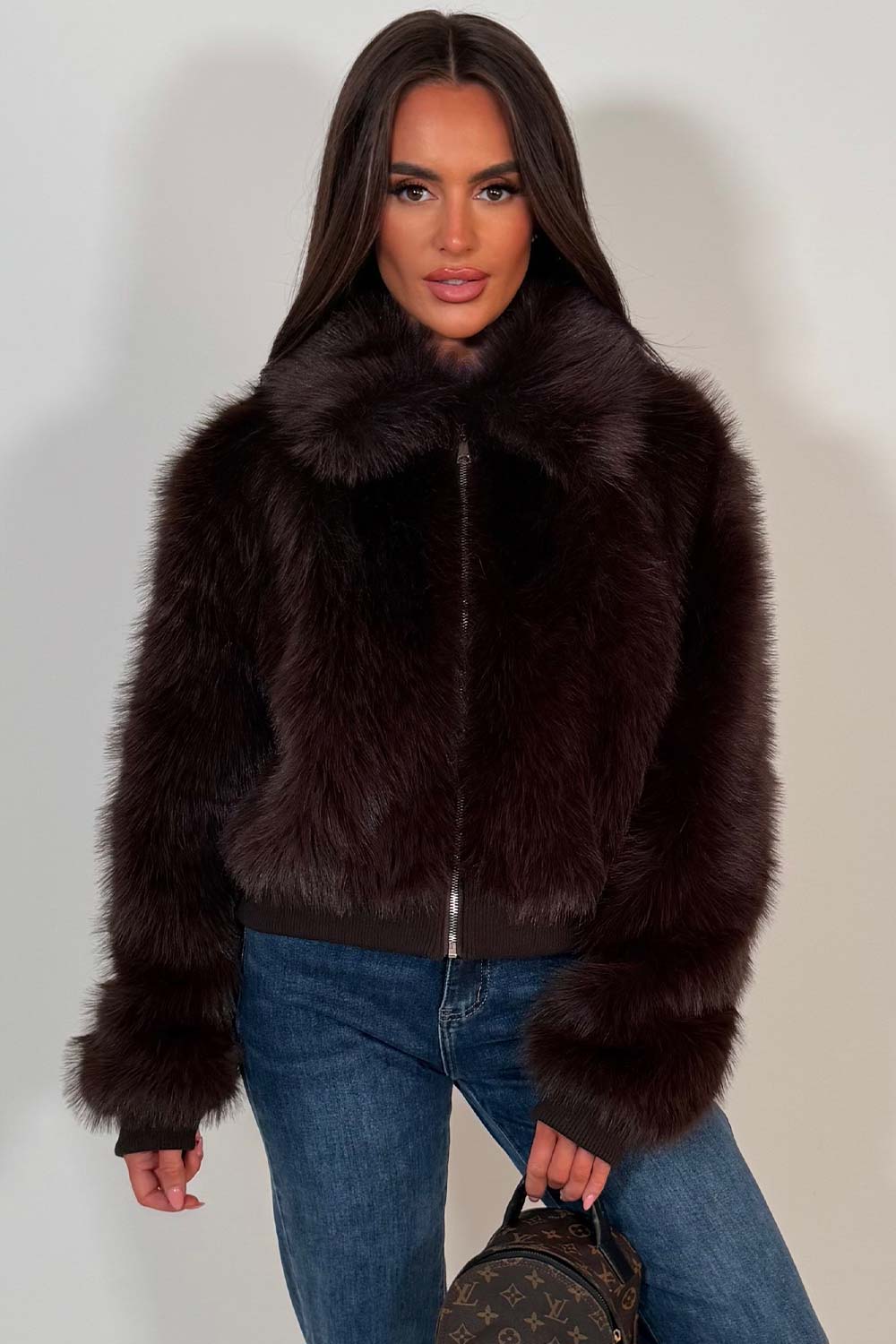 faux fur jacket with collar and zip up styledup brown