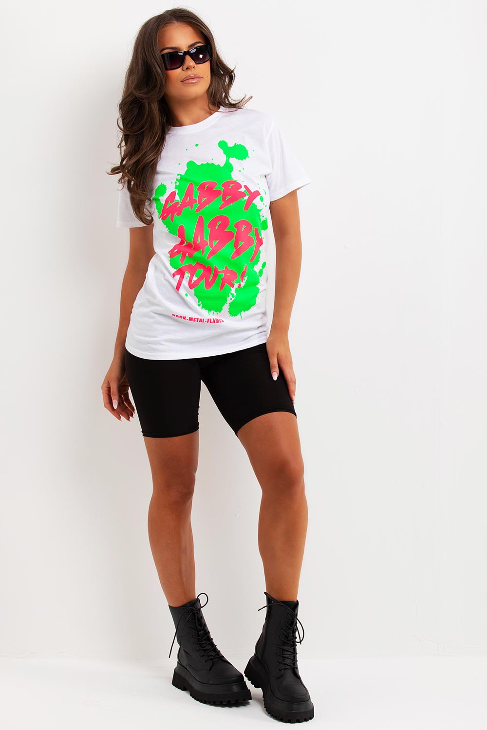 white t shirt with neon graphic print gabby gabby
