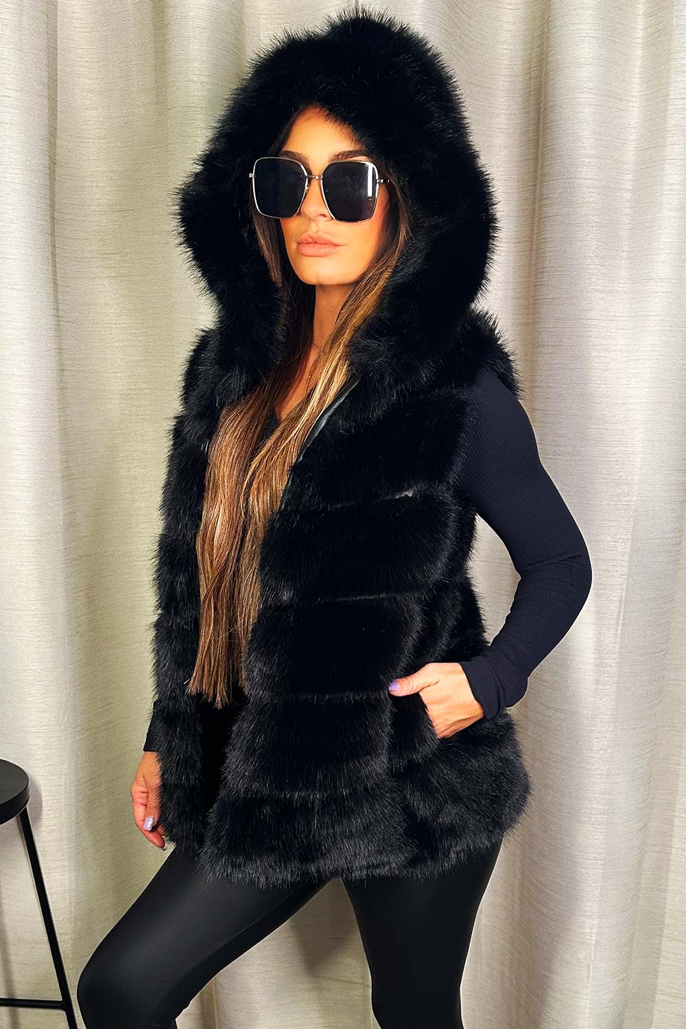womens fur gilet with hood