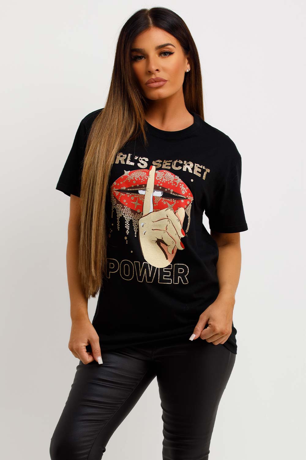 womens black t shirt with girls secret slogan