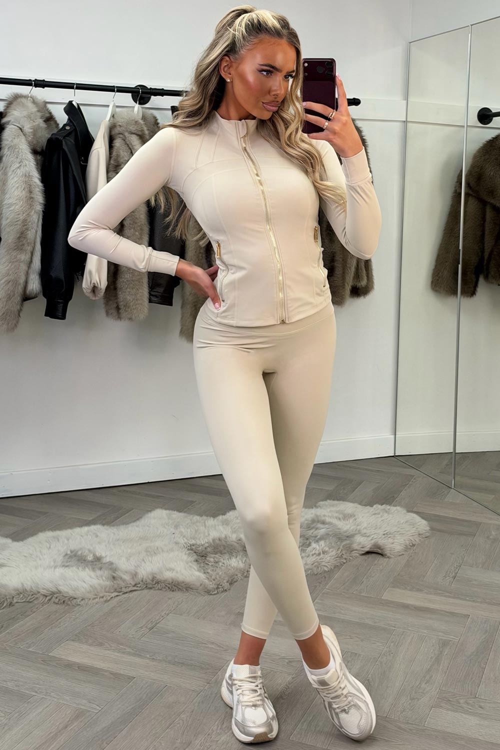 gold zip up sculpt sports jacket and leggings co ord beige two piece set womens activewear set lululemon
