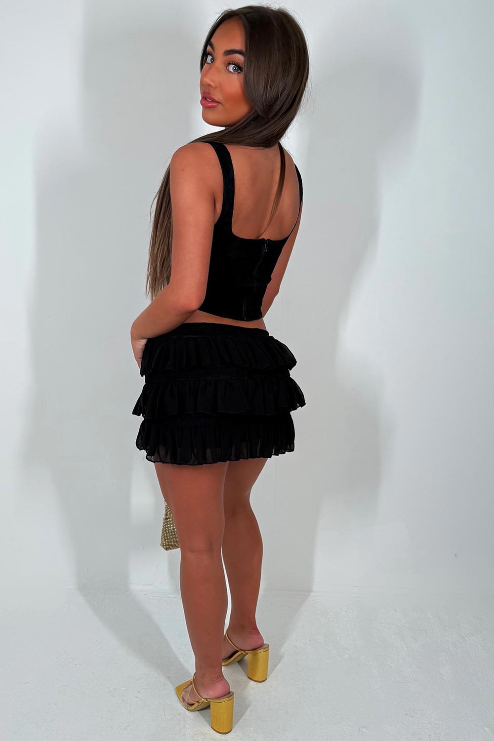 ruffle frilly mini skirt and structured lace up front corset top two piece set festival rave outfit styledup