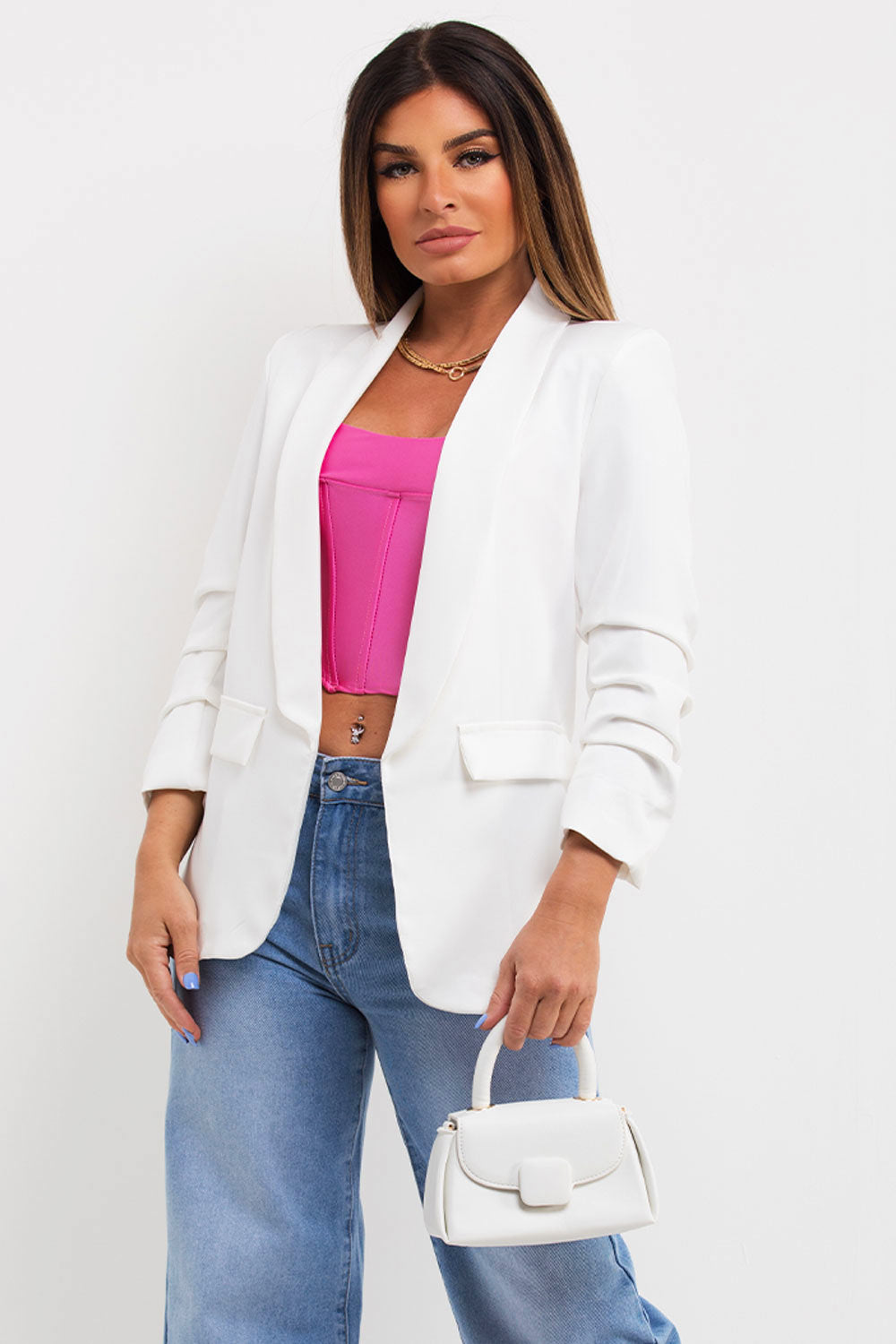 white ruched sleeve blazer womens uk