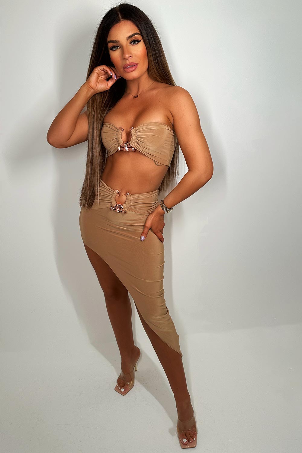 gold buckle maxi skirt and crop top co ord set